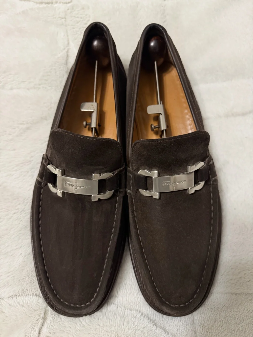 MINT! $950 Salvatore Ferragamo Dark Brown Suede Gancini Buckle Bit Loafers 11 D